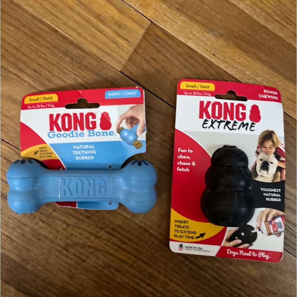 Blue Kong goodie bone size small and black Kong extreme power chewer size small